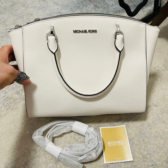 NWT Michael Kors Ellis Large Saffiano Leather Chainlink Satchel Bag Optic White - Picture 3 of 12